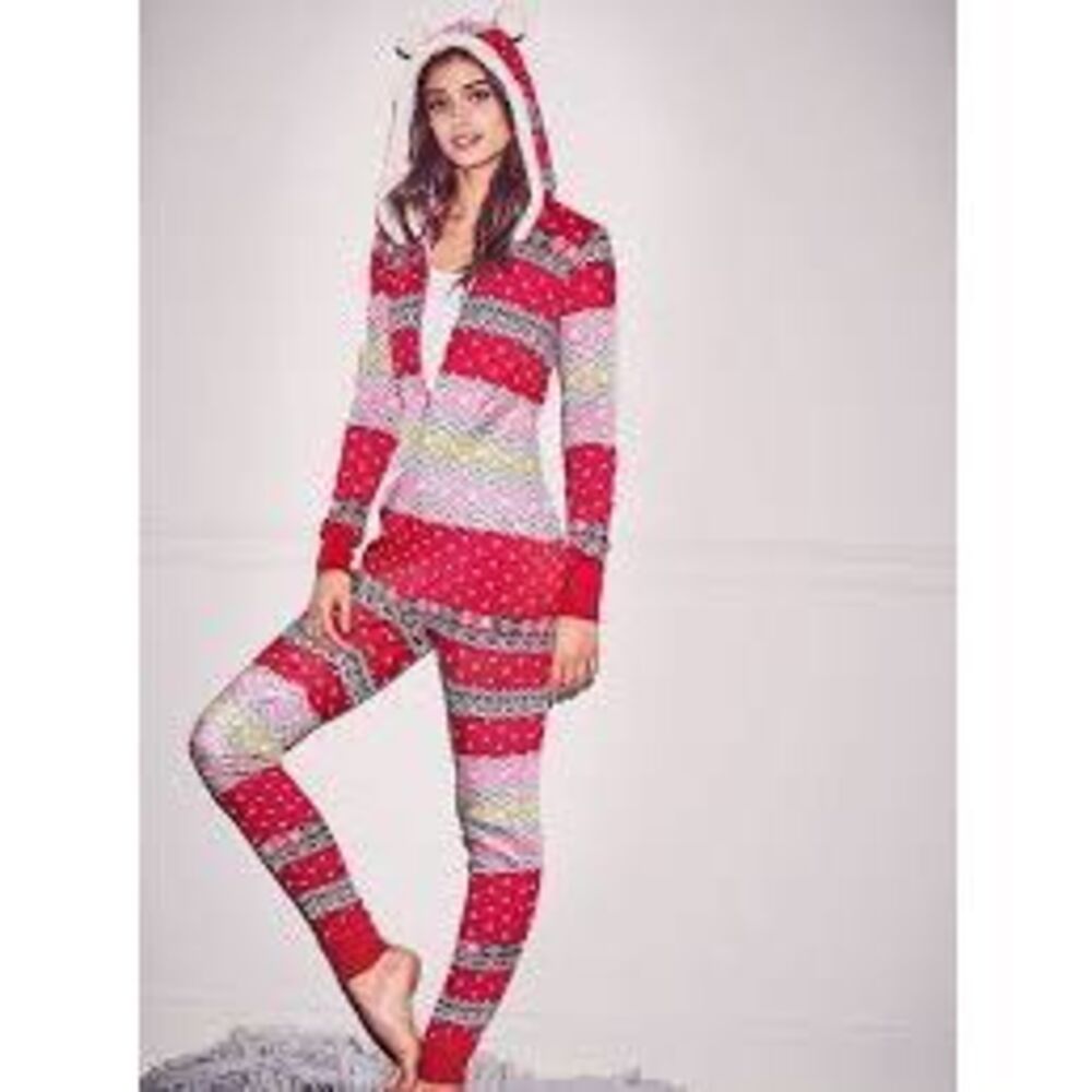Victoria’s Secret Fair Isle Sherpa Hooded Waffle Weave PJ Pajamas Sz M